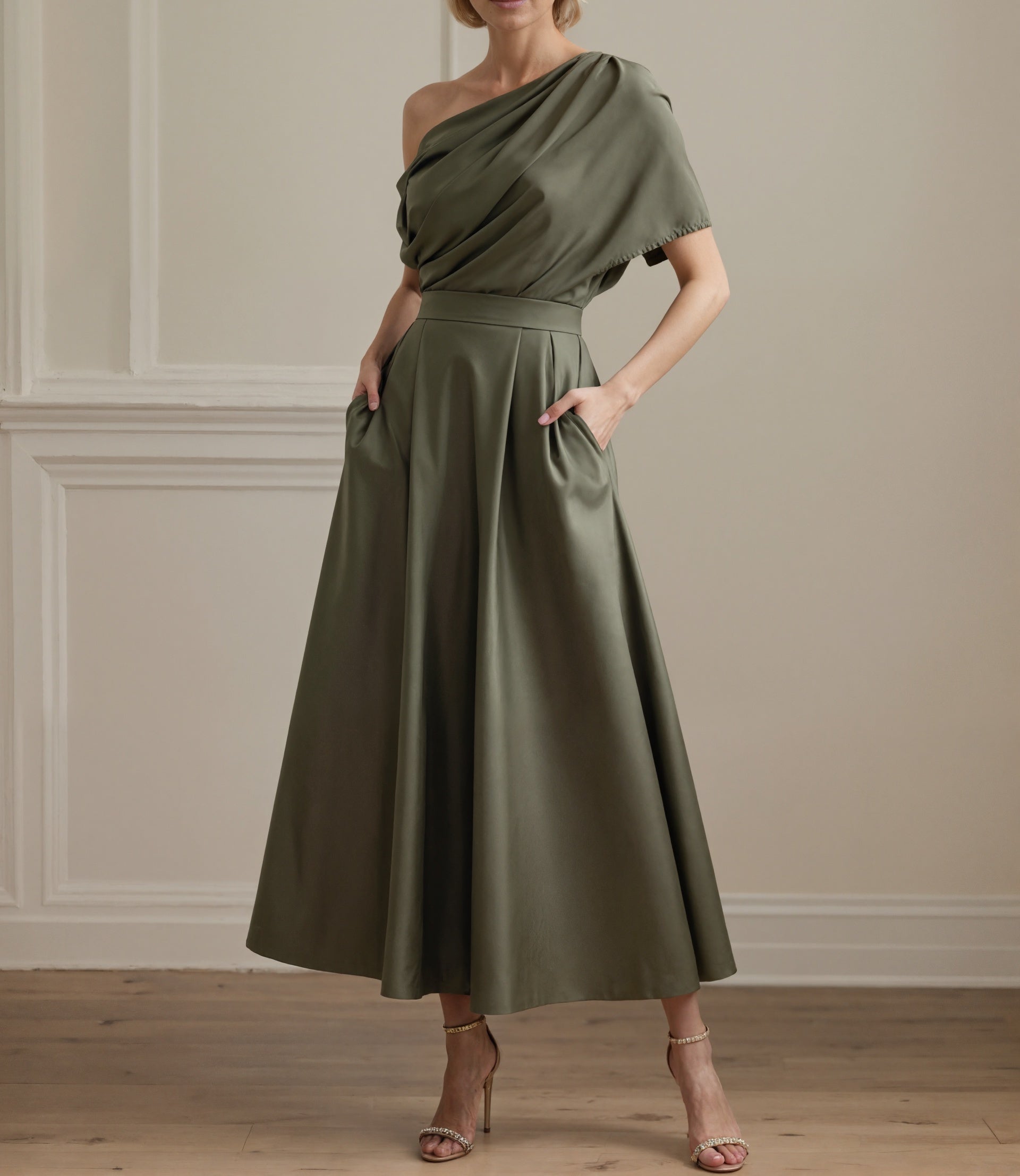 A Line Satin One Shoulder Pleated Ankle Length Mother of the Bride Dress
