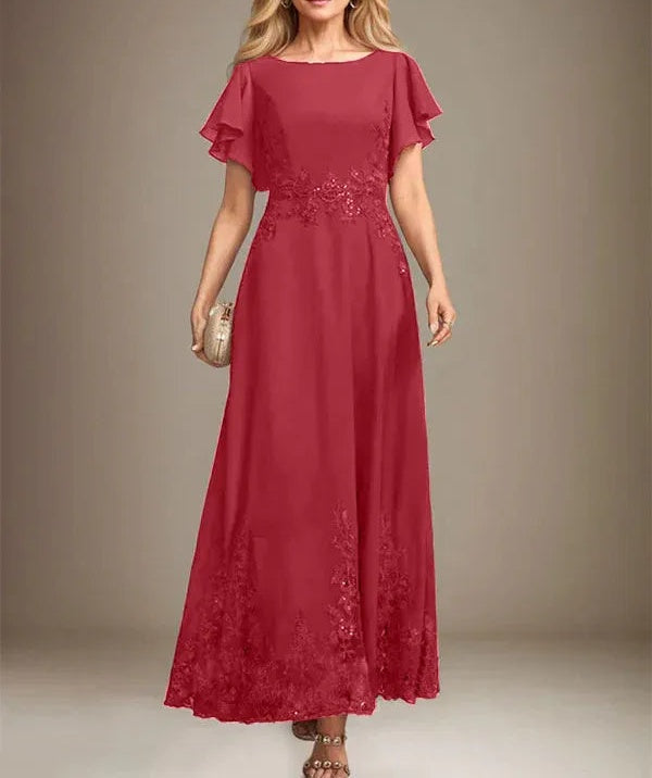 A-line Scoop Ankle-Length Lace Chiffon Mother of the Bride Dress With Sequins