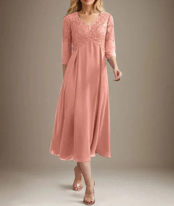 A-line V-Neck Tea-Length Chiffon Lace Mother of the Bride Dress With Beading