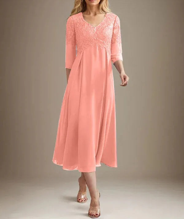 A-line V-Neck Tea-Length Chiffon Lace Mother of the Bride Dress With Beading
