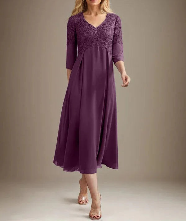 A-line V-Neck Tea-Length Chiffon Lace Mother of the Bride Dress With Beading