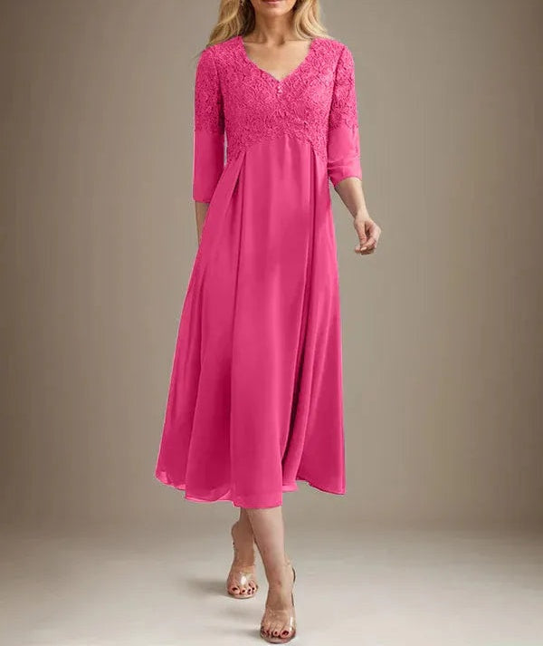 A-line V-Neck Tea-Length Chiffon Lace Mother of the Bride Dress With Beading