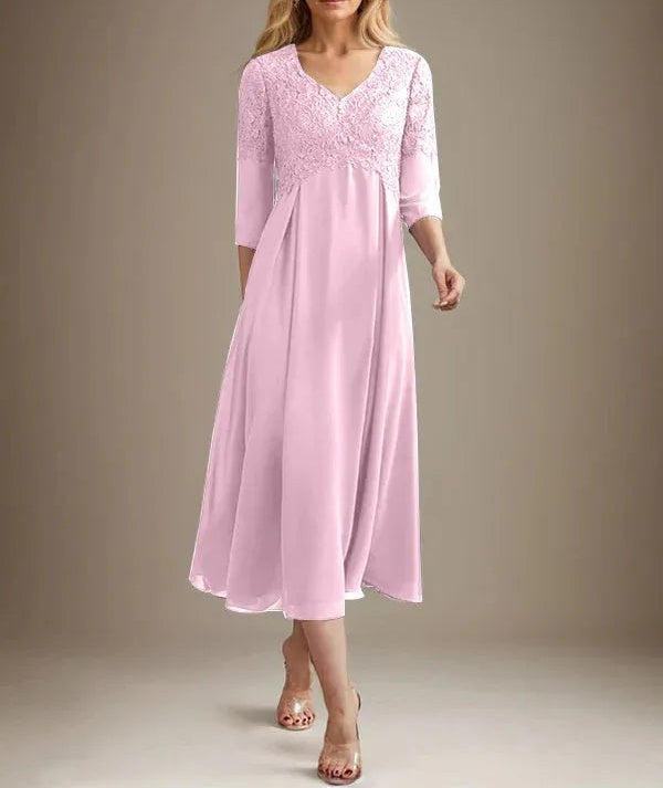 A-line V-Neck Tea-Length Chiffon Lace Mother of the Bride Dress With Beading