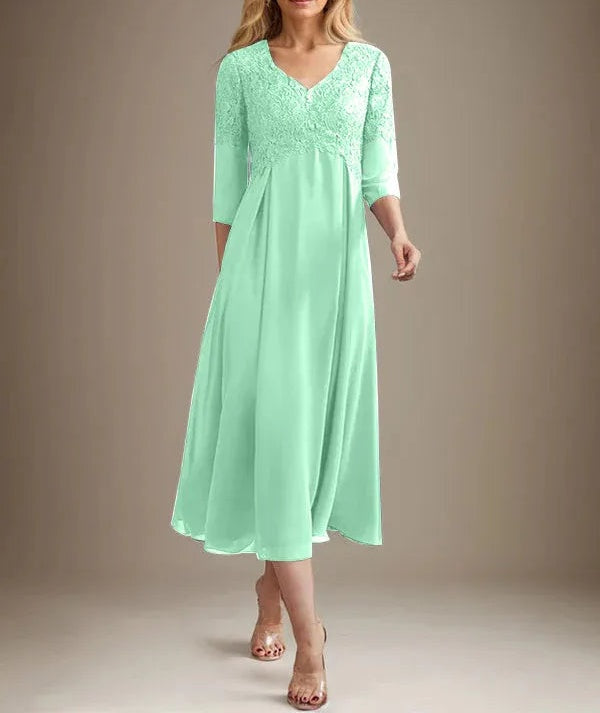 A-line V-Neck Tea-Length Chiffon Lace Mother of the Bride Dress With Beading