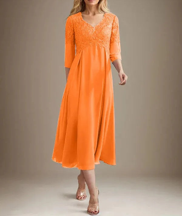 A-line V-Neck Tea-Length Chiffon Lace Mother of the Bride Dress With Beading
