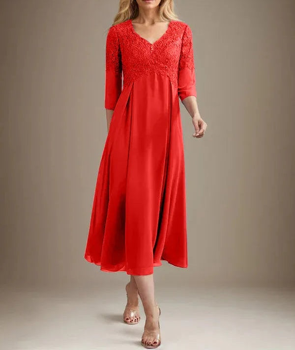 A-line V-Neck Tea-Length Chiffon Lace Mother of the Bride Dress With Beading