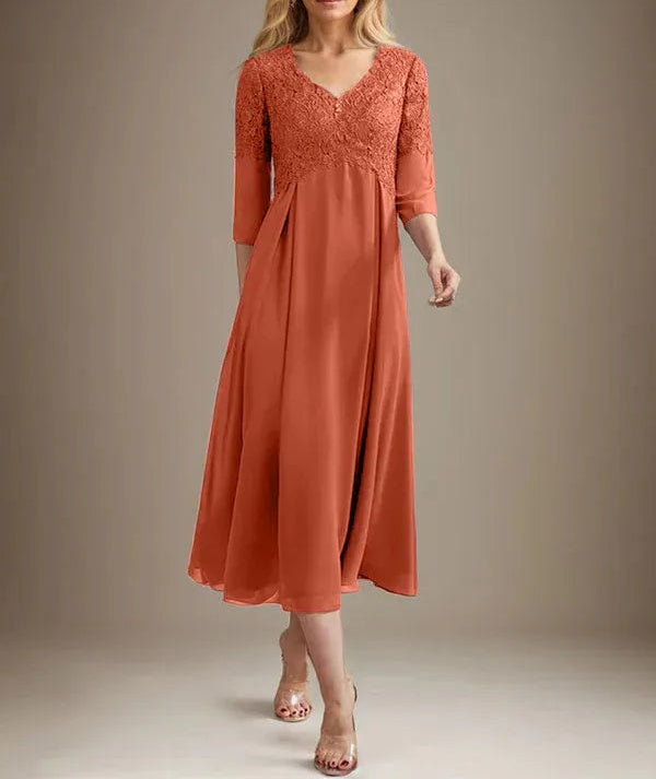 A-line V-Neck Tea-Length Chiffon Lace Mother of the Bride Dress With Beading