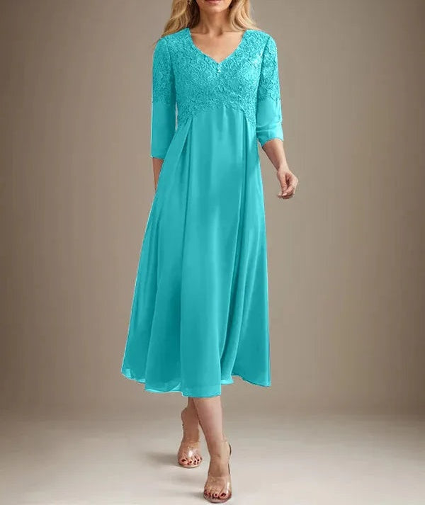 A-line V-Neck Tea-Length Chiffon Lace Mother of the Bride Dress With Beading
