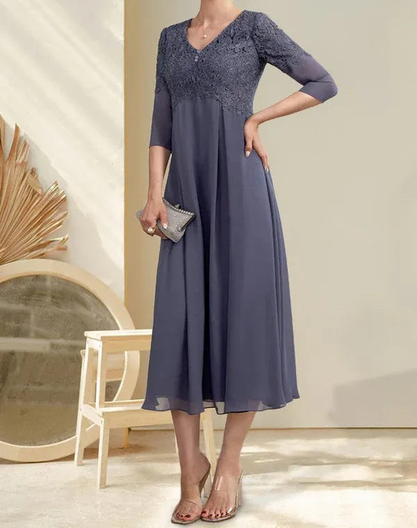 A-line V-Neck Tea-Length Chiffon Lace Mother of the Bride Dress With Beading