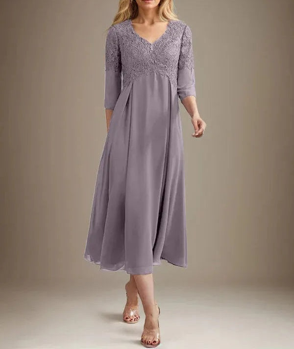 A-line V-Neck Tea-Length Chiffon Lace Mother of the Bride Dress With Beading