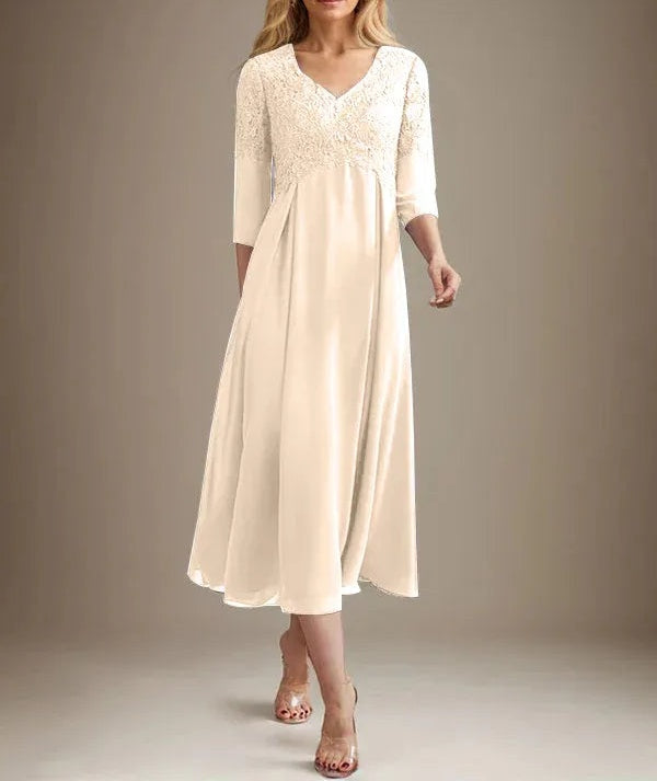 A-line V-Neck Tea-Length Chiffon Lace Mother of the Bride Dress With Beading