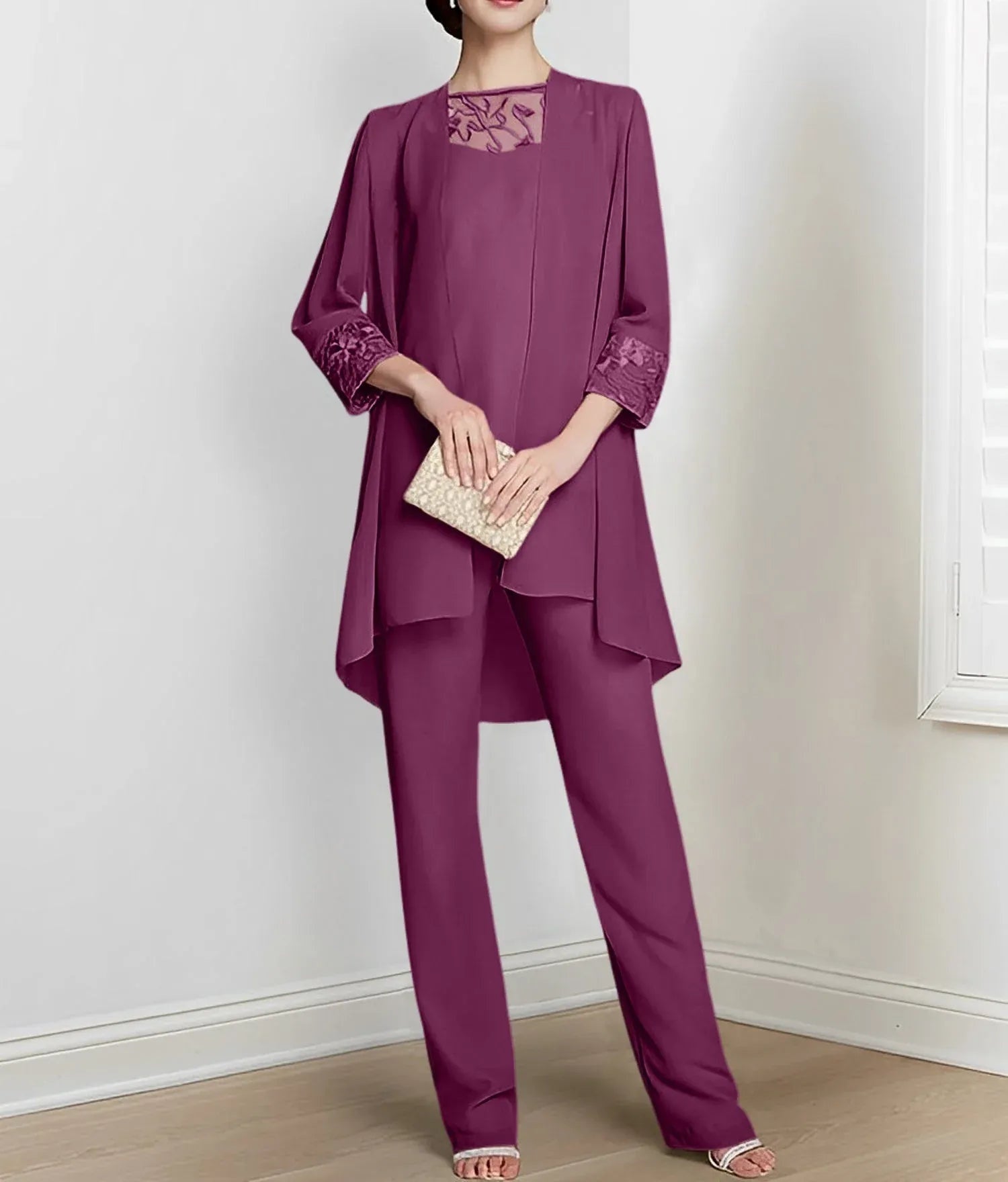 Chiffon Long Sleeves Mother Of The Bride Pantsuits With Jacket
