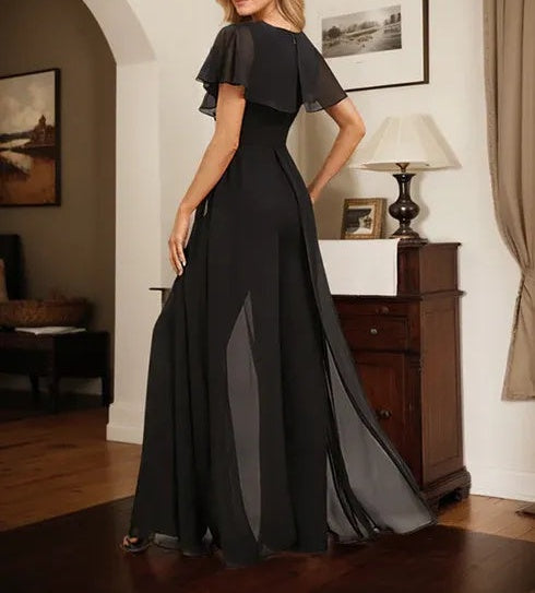 Jumpsuit/Pantsuit V-Neck Floor-Length Chiffon Evening Dress