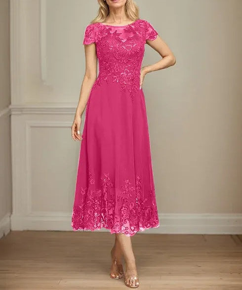 A-line Illusion Scoop Tea-Length Lace Chiffon Mother of the Bride Dress With Sequins