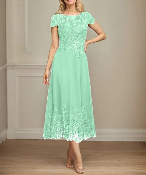 A-line Illusion Scoop Tea-Length Lace Chiffon Mother of the Bride Dress With Sequins