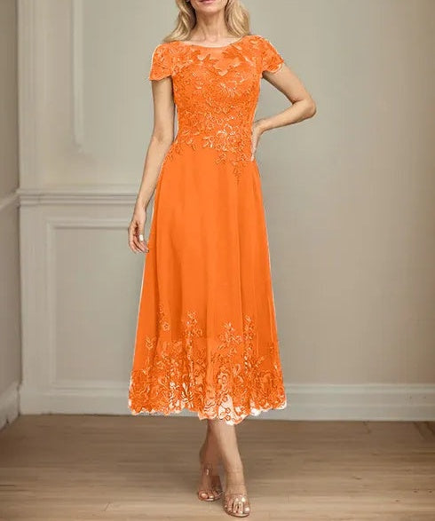 A-line Illusion Scoop Tea-Length Lace Chiffon Mother of the Bride Dress With Sequins