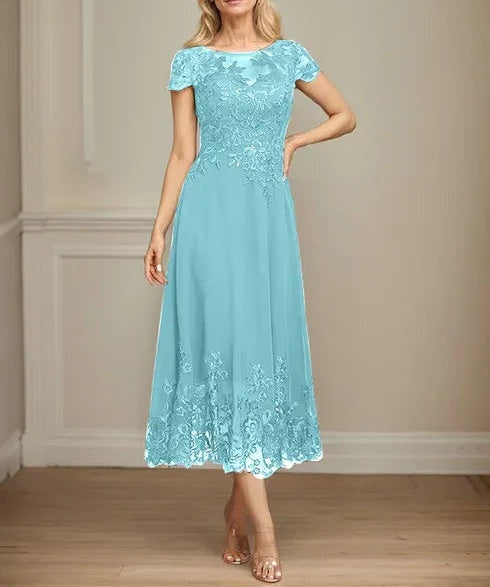 A-line Illusion Scoop Tea-Length Lace Chiffon Mother of the Bride Dress With Sequins