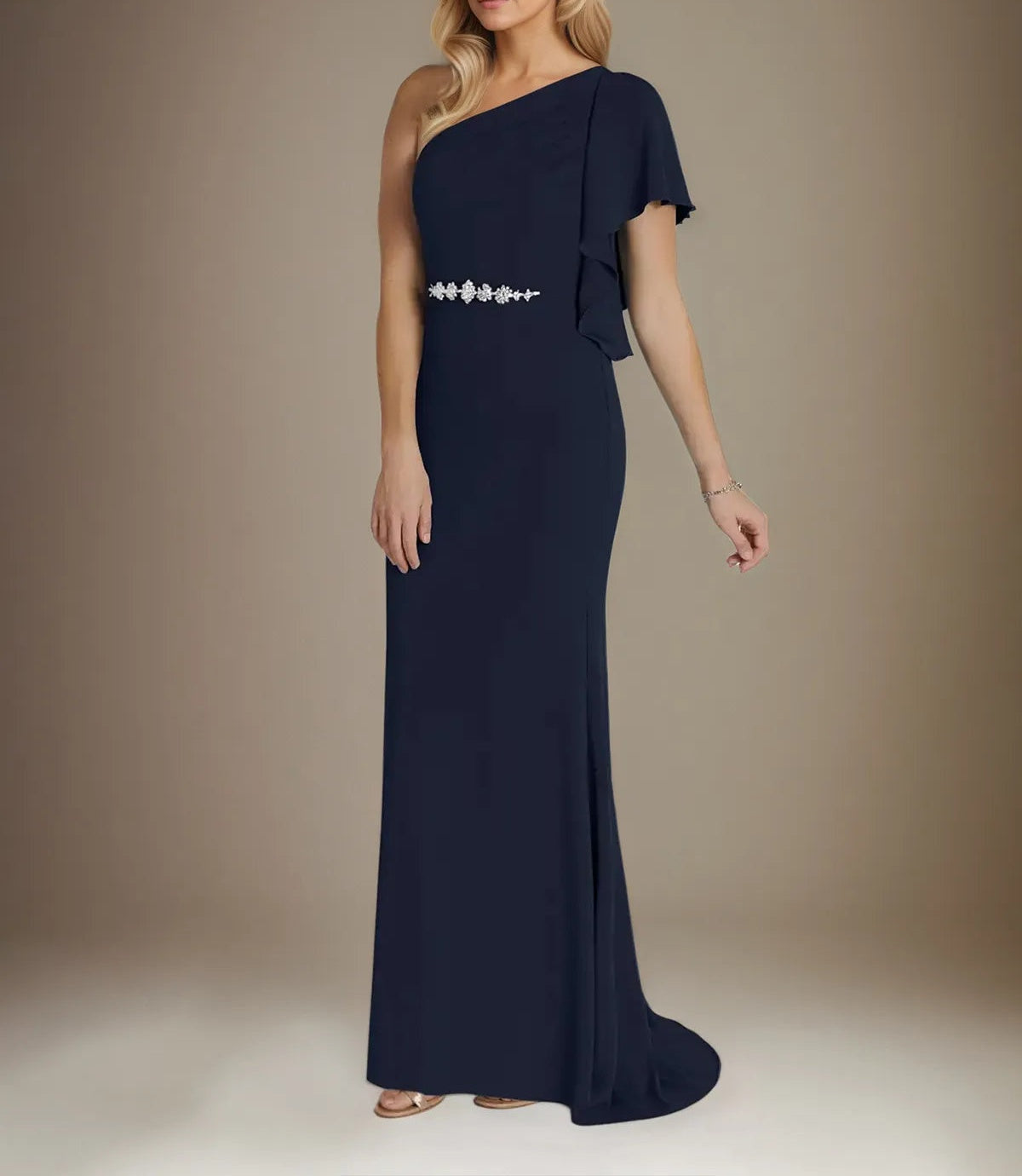 Trumpet/Mermaid Stretch Crepe One Shoulder Short Sleeves Floor Length Dress With Ruffles