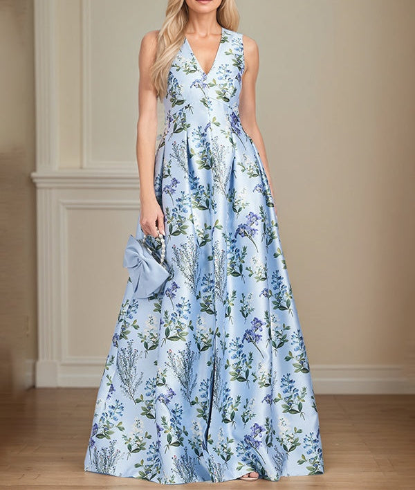 A-Line V-Neck Light Blue Floral Mother of the Bride Dress