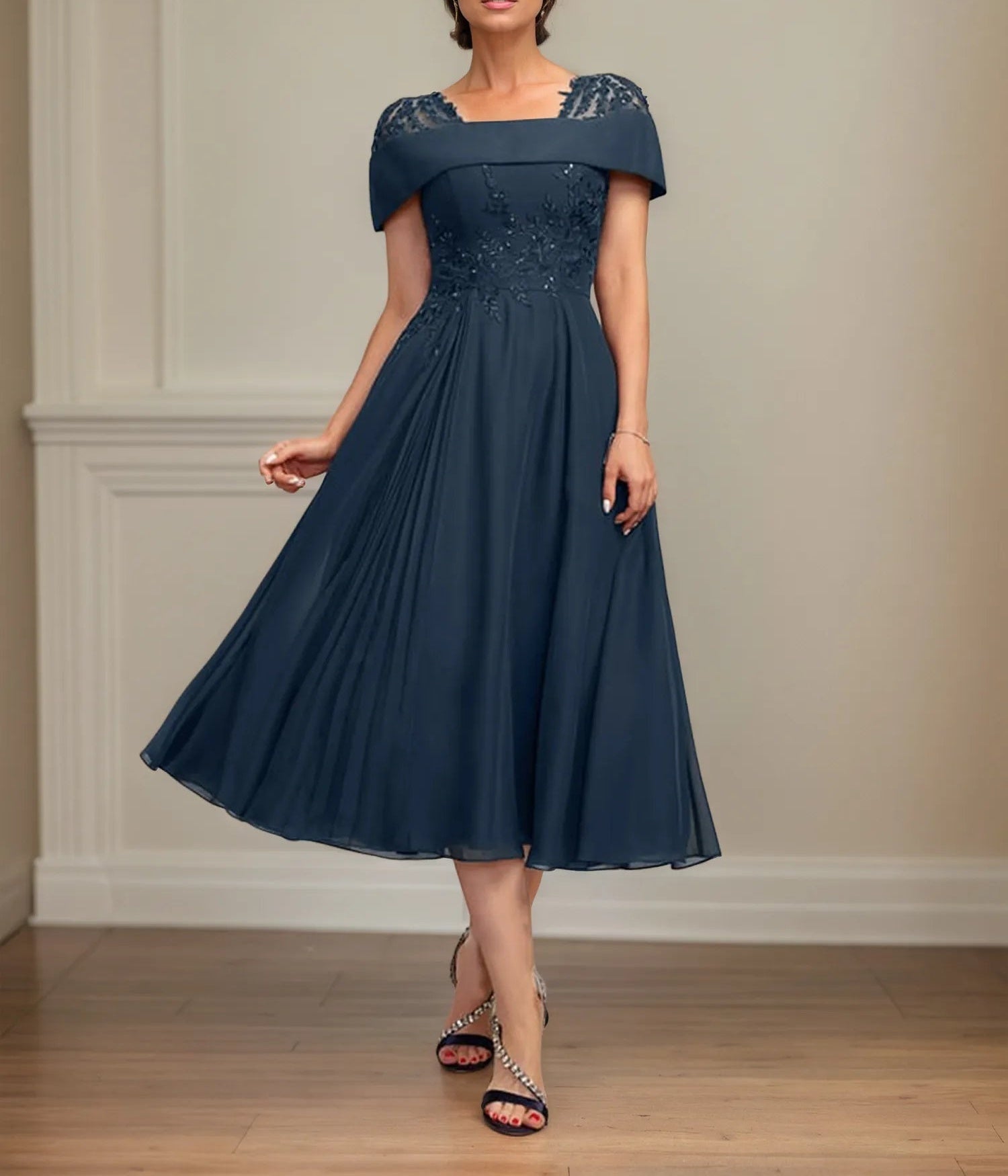 tea-length chiffon dresses mother of the bride A Line Square Neck Tea Length Dress With Pleated Sequins this floral Ivory Satin V-Neck Bridesmaid Size:S petite MINIMALIST-BRIDE