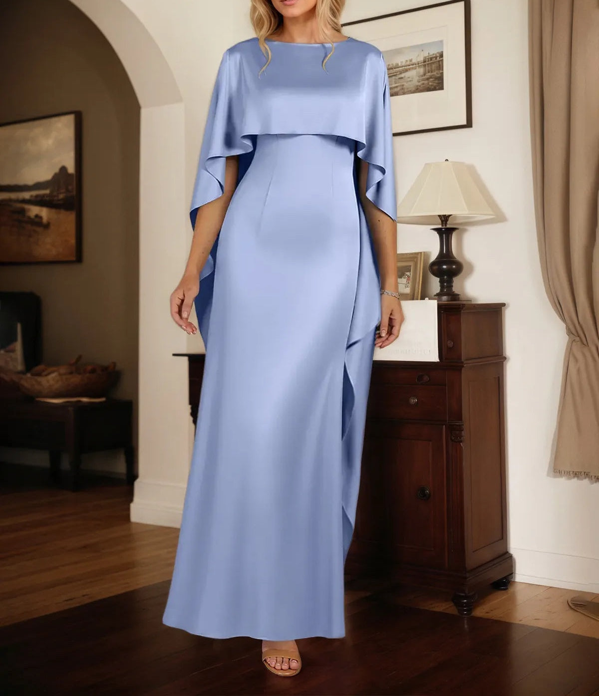 Sheath/Column Stretch Crepe Boat Neck Cape Sleeves Floor Length Dress