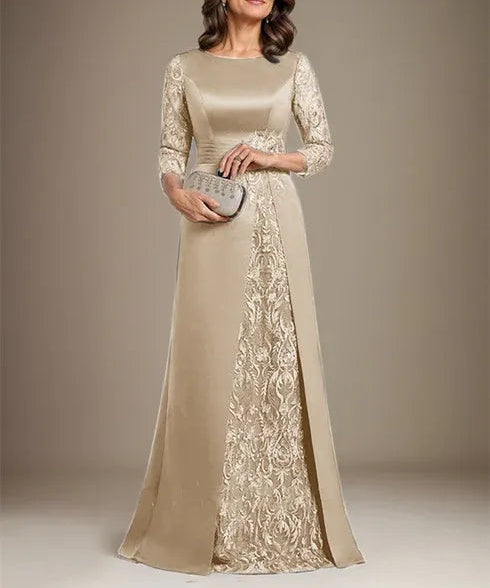 A-Line Scoop Floor-Length Lace Satin Mother Of the Bride Dress With Applique
