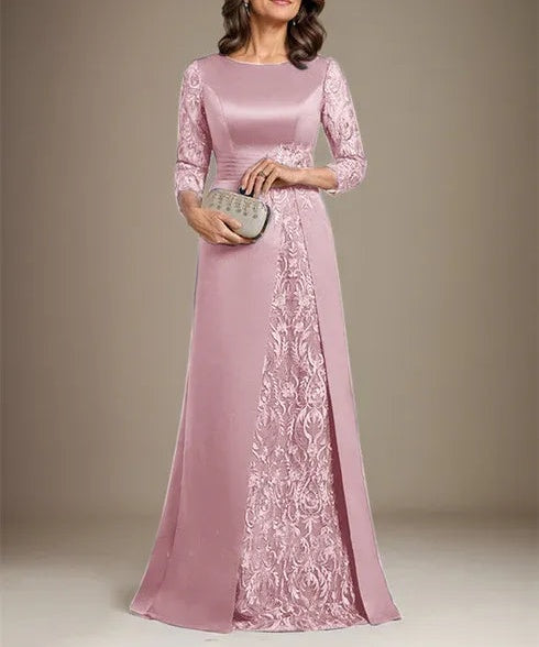 A-Line Scoop Floor-Length Lace Satin Mother Of the Bride Dress With Applique