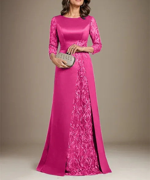 A-Line Scoop Floor-Length Lace Satin Mother Of the Bride Dress With Applique
