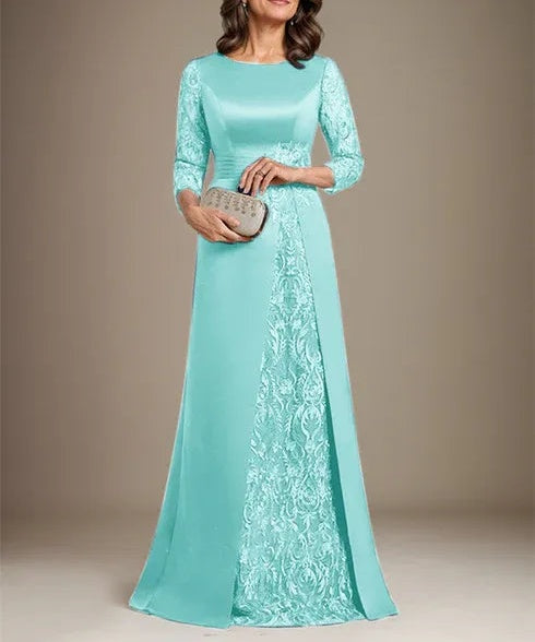A-Line Scoop Floor-Length Lace Satin Mother Of the Bride Dress With Applique