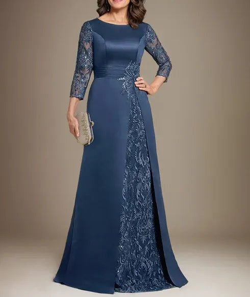 A-Line Scoop Floor-Length Lace Satin Mother Of the Bride Dress With Applique