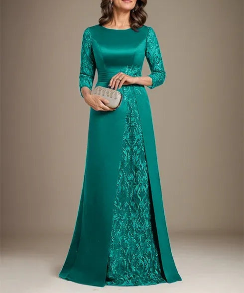 A-Line Scoop Floor-Length Lace Satin Mother Of the Bride Dress With Applique