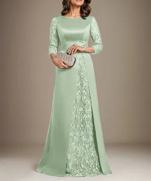 A-Line Scoop Floor-Length Lace Satin Mother Of the Bride Dress With Applique