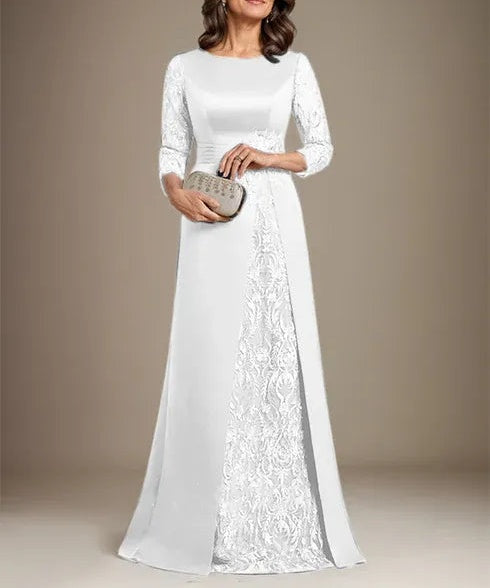 A-Line Scoop Floor-Length Lace Satin Mother Of the Bride Dress With Applique