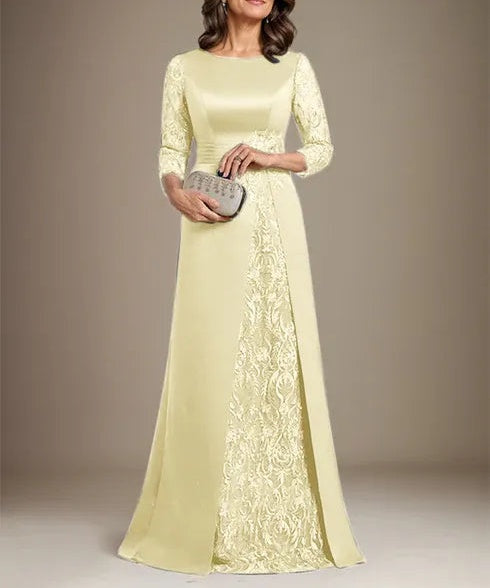 A-Line Scoop Floor-Length Lace Satin Mother Of the Bride Dress With Applique
