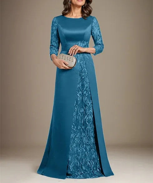 A-Line Scoop Floor-Length Lace Satin Mother Of the Bride Dress With Applique