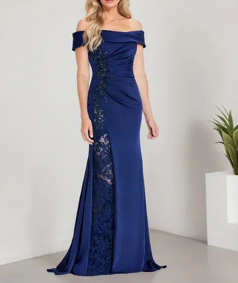 A-Line Off the Shoulder Floor-Length Mother of the Bride Dress Applique Beadings Mermaid Dress With High Split