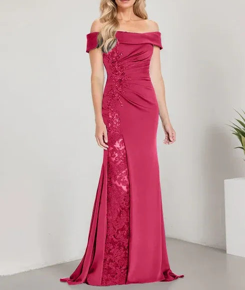 A-Line Off the Shoulder Floor-Length Mother of the Bride Dress Applique Beadings Mermaid Dress With High Split