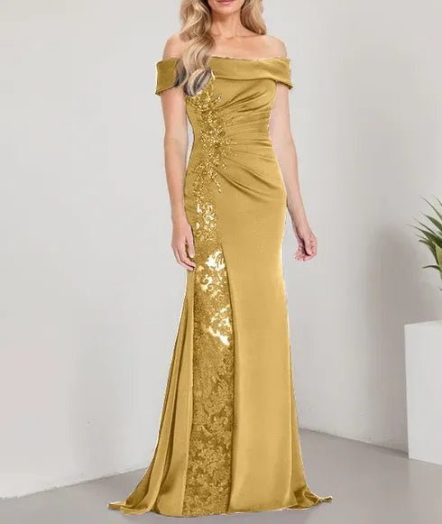 A-Line Off the Shoulder Floor-Length Mother of the Bride Dress Applique Beadings Mermaid Dress With High Split