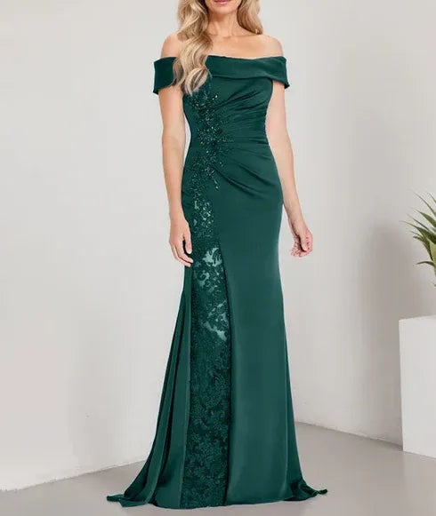 A-Line Off the Shoulder Floor-Length Mother of the Bride Dress Applique Beadings Mermaid Dress With High Split