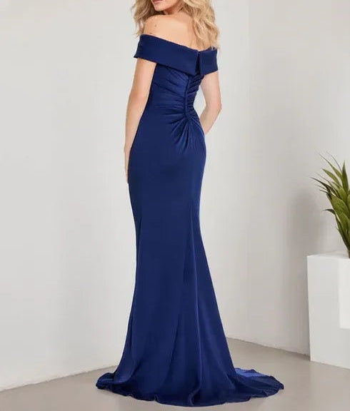 A-Line Off the Shoulder Floor-Length Mother of the Bride Dress Applique Beadings Mermaid Dress With High Split