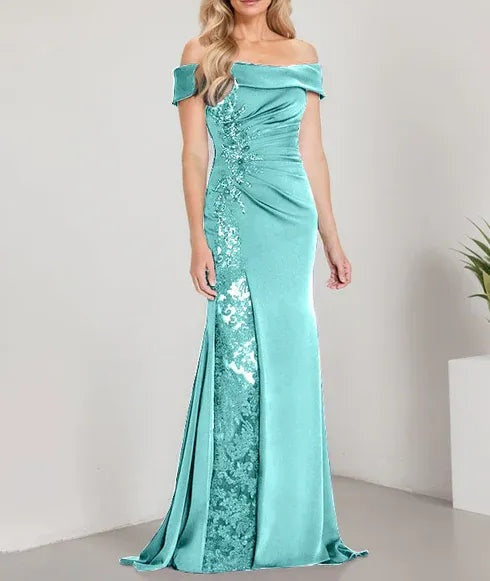 A-Line Off the Shoulder Floor-Length Mother of the Bride Dress Applique Beadings Mermaid Dress With High Split