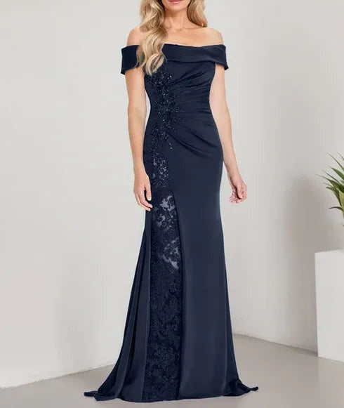 A-Line Off the Shoulder Floor-Length Mother of the Bride Dress Applique Beadings Mermaid Dress With High Split