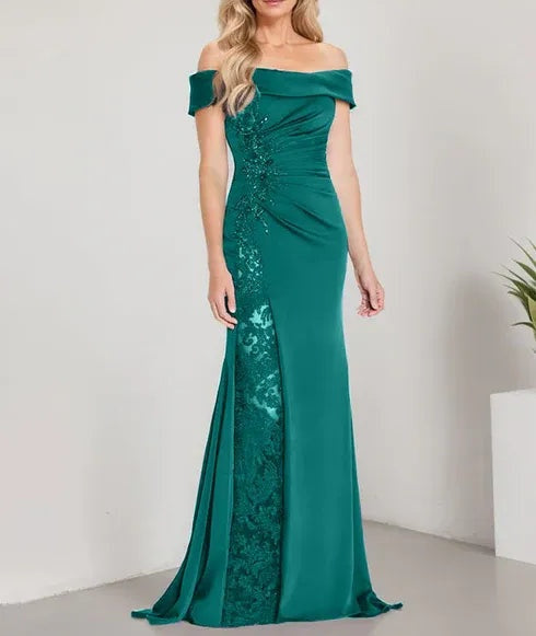 A-Line Off the Shoulder Floor-Length Mother of the Bride Dress Applique Beadings Mermaid Dress With High Split