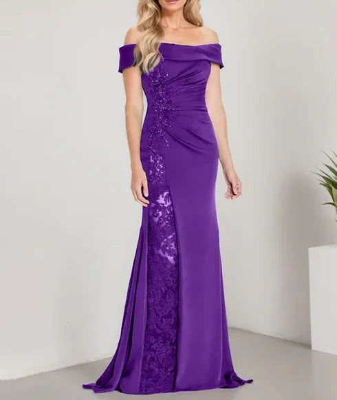 A-Line Off the Shoulder Floor-Length Mother of the Bride Dress Applique Beadings Mermaid Dress With High Split