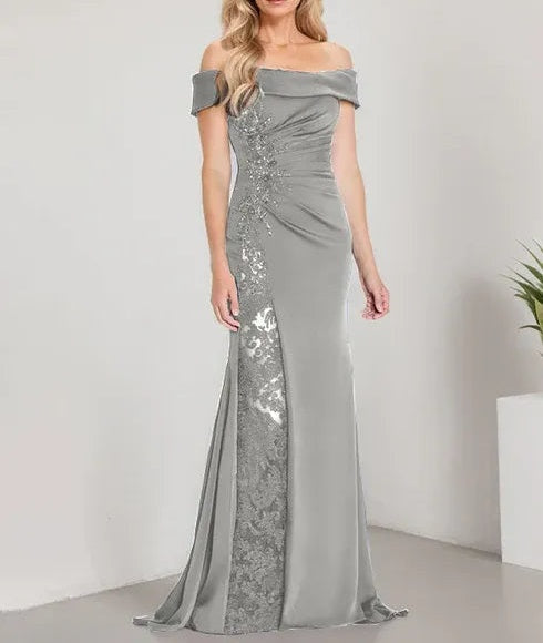 A-Line Off the Shoulder Floor-Length Mother of the Bride Dress Applique Beadings Mermaid Dress With High Split
