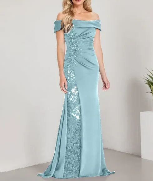 A-Line Off the Shoulder Floor-Length Mother of the Bride Dress Applique Beadings Mermaid Dress With High Split