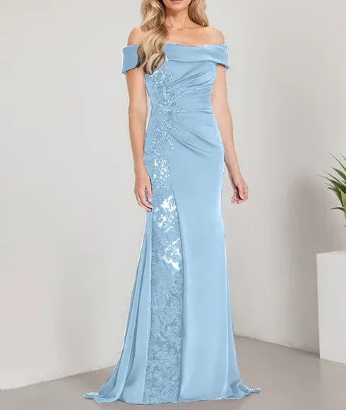 A-Line Off the Shoulder Floor-Length Mother of the Bride Dress Applique Beadings Mermaid Dress With High Split