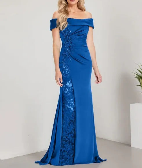 A-Line Off the Shoulder Floor-Length Mother of the Bride Dress Applique Beadings Mermaid Dress With High Split