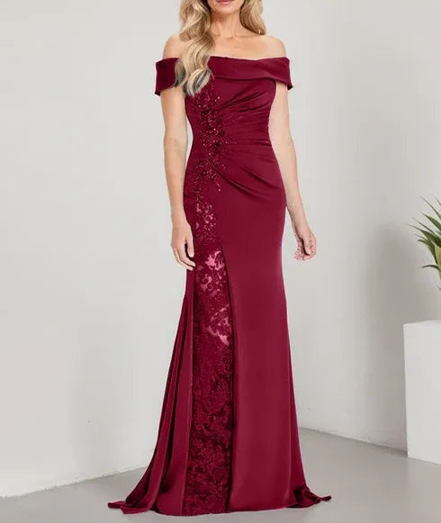 A-Line Off the Shoulder Floor-Length Mother of the Bride Dress Applique Beadings Mermaid Dress With High Split
