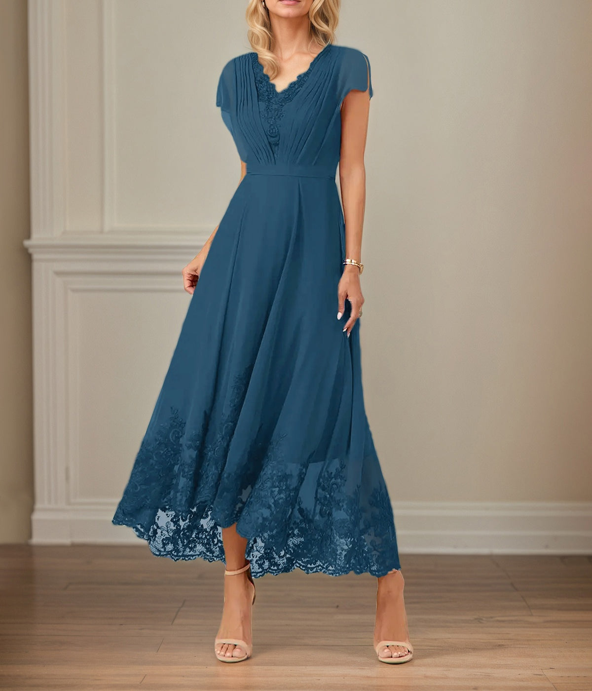 A Line V Neck Flutter Sleeve Ankle Length Chiffon Dress With Appliques